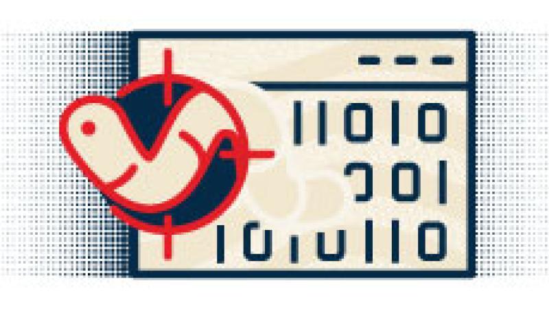 Icon illustration of a web browser window showing binary numbers with a worm slithering out on the left side