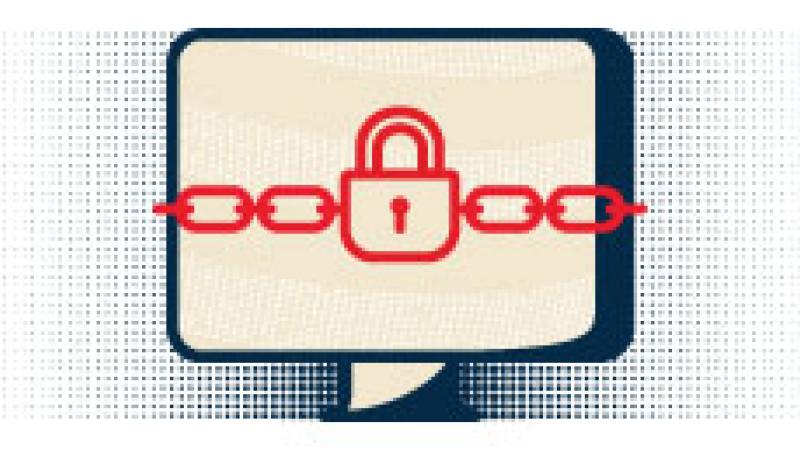 Icon illustration of lock and chain around computer monitor