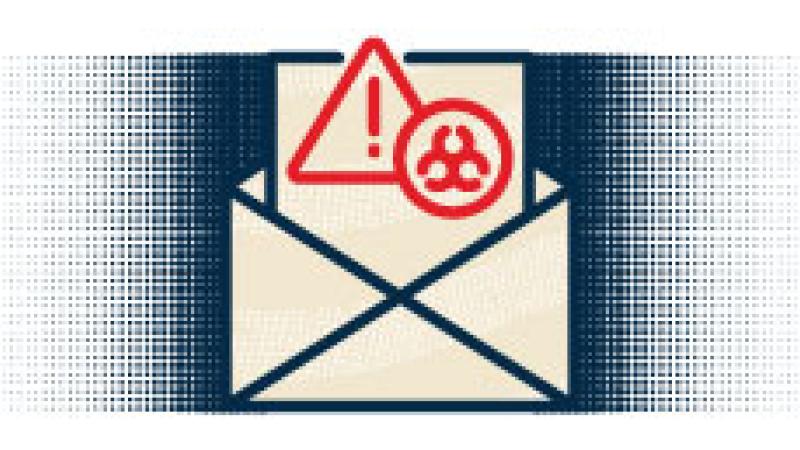 Icon illustration of open envelope with warning and toxic symbols