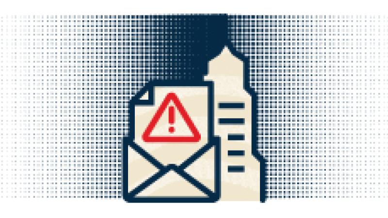Halftone dot icon illustration of email open with alert symbol on page in front of business tower