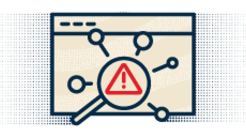 Halftone dot icon illustration of magnifying glass hovering over alert symbol in front of open web browser