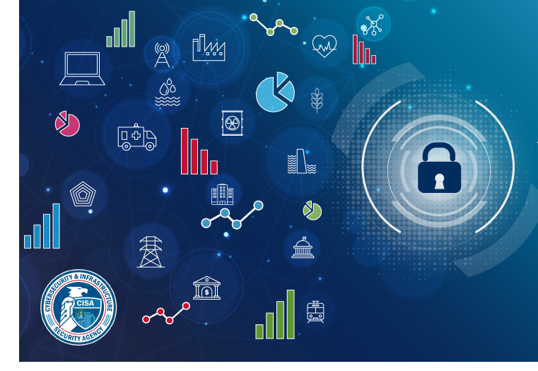 Image with the words Systemic Cyber Risk Reduction in white over a dark blue gradient background with a variety of icons to include a heart (for healthcare industry), an ambulance, buildings (for critical infrastructure), bar chart (for data analysis), and more. 