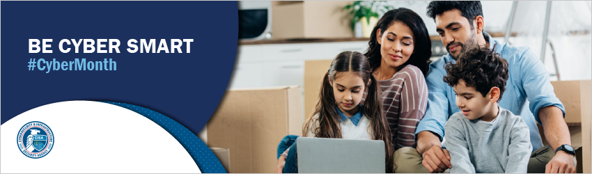 Cybersecurity Awareness Month Banner; text: Be Cyber Smart #CybersecurityAwarenessMonth; graphic: three older Asian women looking at their phones