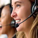 Contact Us graphic.  Lady with headset speaking to customer.
