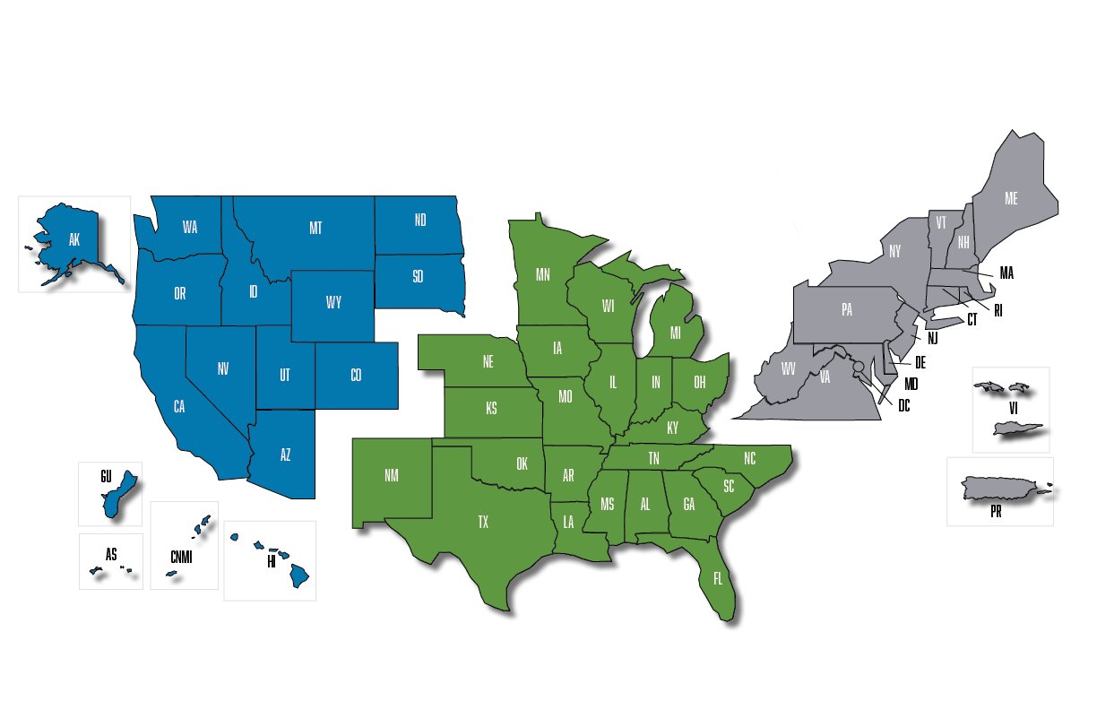 Emergency Communications Coordinator Program map divided into Western, Central, and Eastern regions.