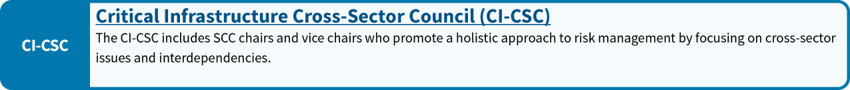 Critical Infrastructure Cross-Sector Council (CI-CSC): The CI-CSC includes SCC chairs and vice chairs who promote a holistic approach to risk management by focusing on cross-sector issues and interdependencies.