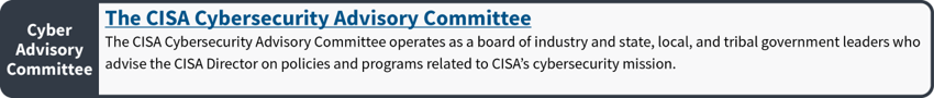 The CISA Cybersecurity Advisory Committee: The CISA Cybersecurity Advisory Committee operates as a board of industry and state, local and tribal government leaders who advise the CISA Director on policies and programs related to CISA's cybersecurity mission.
