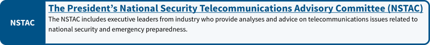 The President's National Security Telecommunications Advisory Committee (NSTAC): The NSTAC includes executive leaders from industry who provide analyses and advice on telecommunications issues related to national security and emergency preparedness.