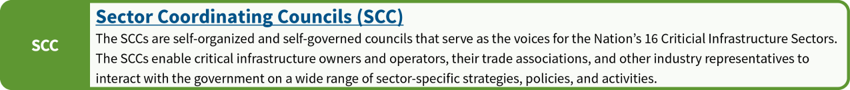 Sector Coordinating Councils (SCC): The SCCs are self-organized and self-governed councils that serve as the voices for the Nation's 16 Critical Infrastructure Sectors. The SCCs enable critical infrastructure owners and operators, their trade associations, and other industry representatives to interact with the government on a wide range of sector-specific strategies, policies and activities.