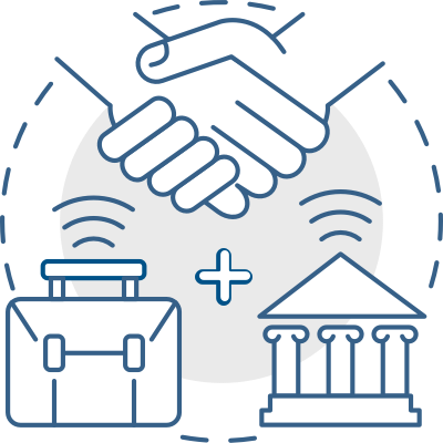 Graphic of hands shaking, briefcase, and government building
