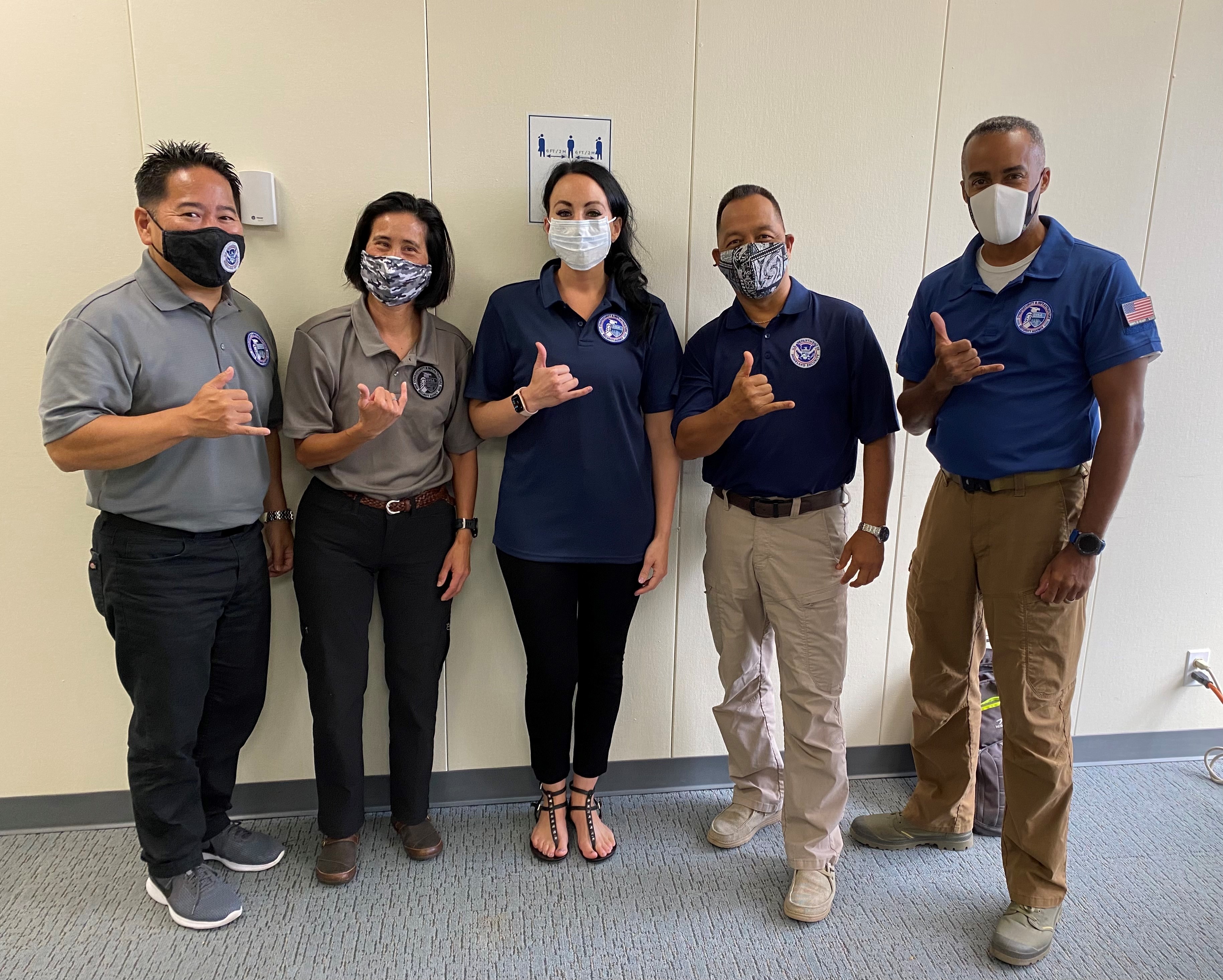 (left to right) Region 9 PSA Gen Tamura, Regional External Affairs Officer Sherri Eng, Regional Training and Exercise Coordinator Melynda Moran, PSA James Cruz and PSA Brian Keith held an tabletop exercise on how to respond to a drone incident at the Daniel K. Inouye International Airport for more than 100 local, state and federal partners in Hawaii.