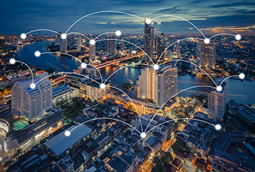 Image of buildings with communication hotspots connecting each building