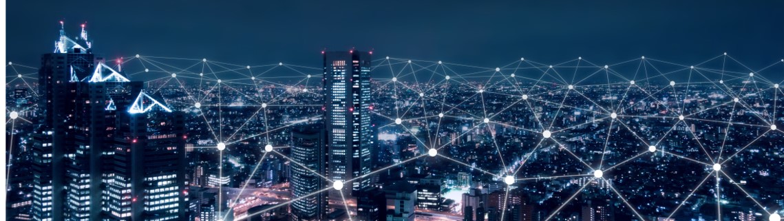 Cityscape connected by lights demonstrating users connected through interoperable communications.