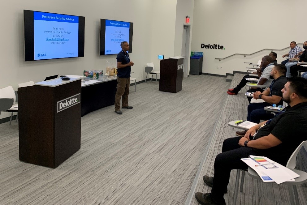 PSA Brian Keith addresses SoFi Stadium security staff during a Vehicle Borne Improvised Explosive Devices course on July 13, 2021.