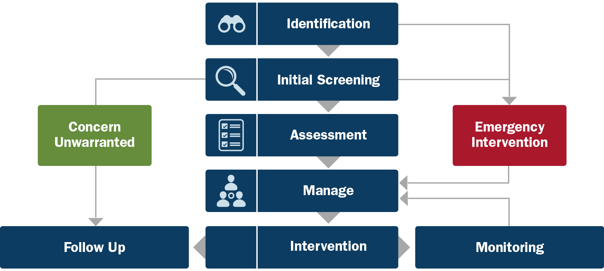 The process includes 1) Identification, 2) Initial Screening, 3) Assessment, 4) Manage, and 5) Intervention. There are additional steps following intervention: Follow Up or Monitoring. If emergency intervention is needed, begin with identification and skip to Manage. If concern is unwarranted, skip from initial screening to follow up. Refer back to Manage if monitoring a threat. 