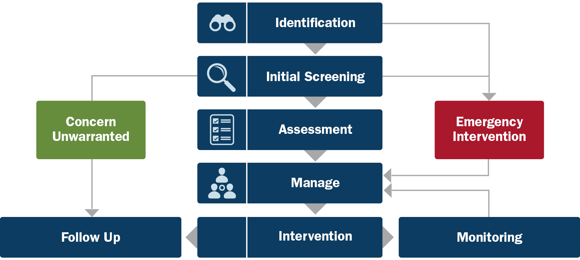 The process includes 1) Identification, 2) Initial Screening, 3) Assessment, 4) Manage, and 5) Intervention. There are additional steps following intervention: Follow Up or Monitoring. If emergency intervention is needed, begin with identification and skip to Manage. If concern is unwarranted, skip from initial screening to follow up. Refer back to Manage if monitoring a threat.