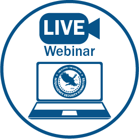 Blue circle with a laptop computer and a movie camera. The word Webinar is included.
