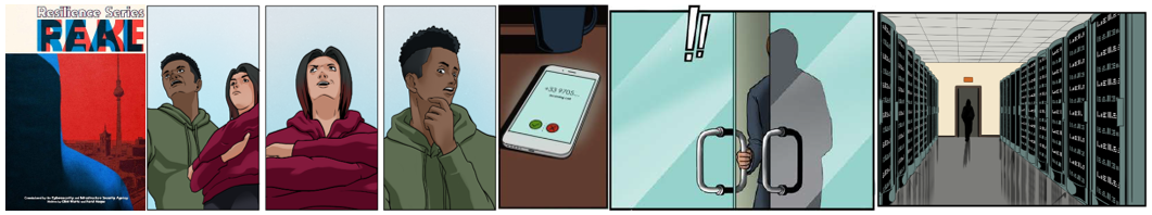 Panel of images from the Real Fake graphic novel Real Fake to include the cover image, 3 images of the main characters (Rachel and Andre), a cell phone, a grayed silhouette opening a door, and another walking in a server room.