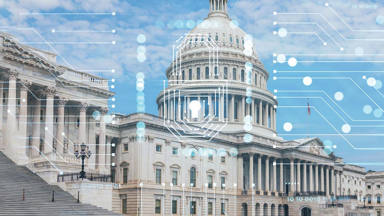 US Capitol building with cyber nodes