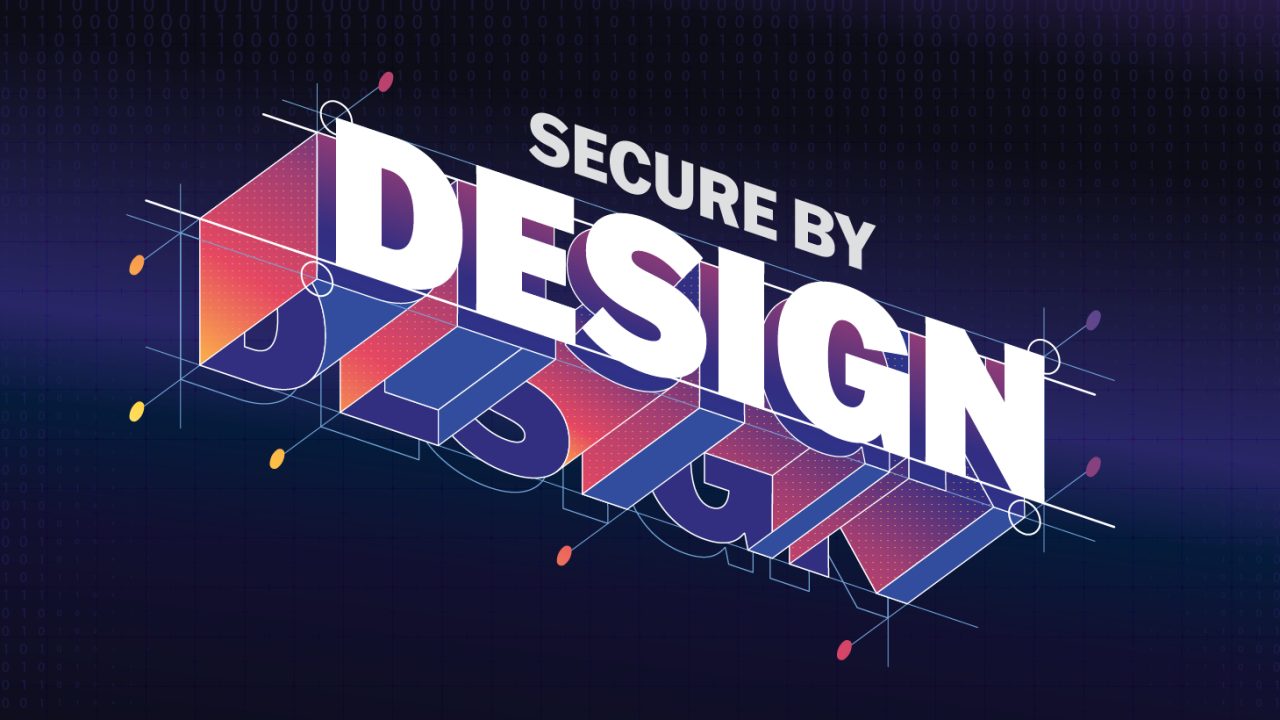 Text of Secure by Design on grid background in a colorful isometric design