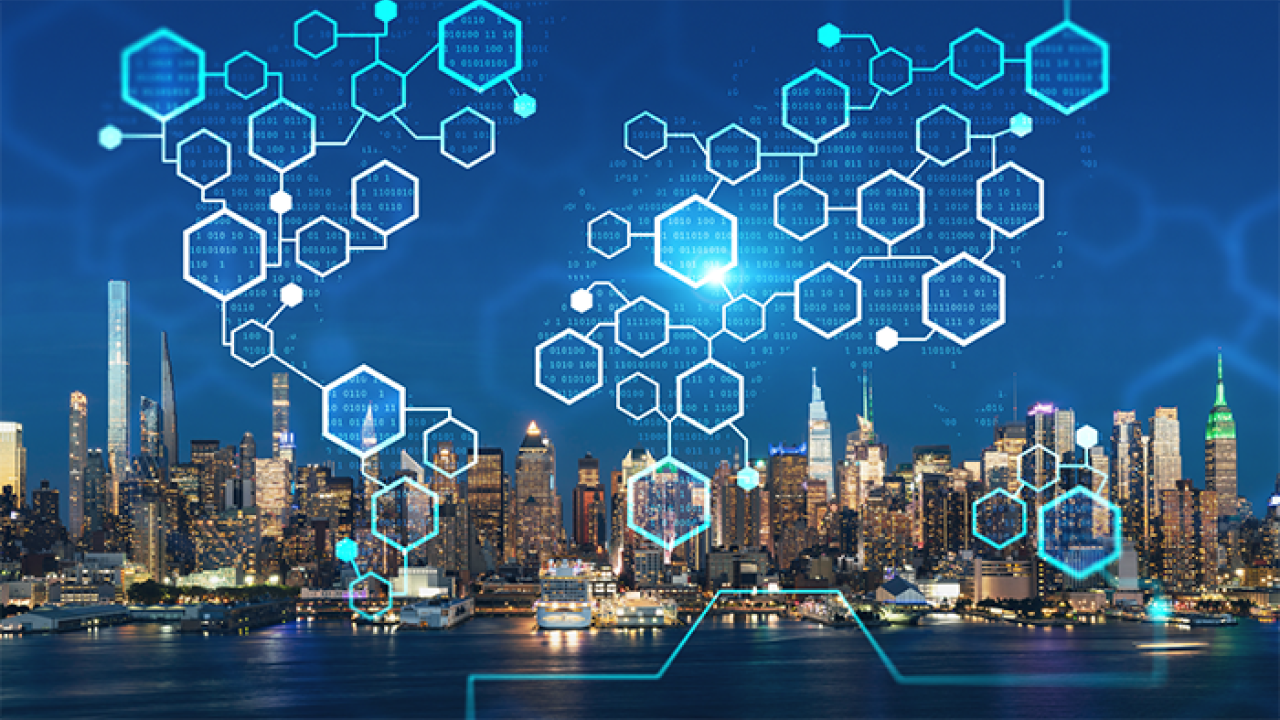Night view of New York City skyline with glowing cyber network illustrations