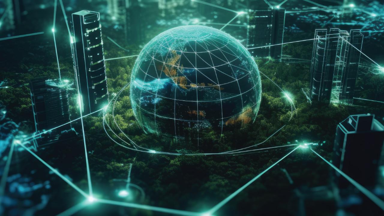 Digital illustration of cityscape with connecting links surrounding a globe