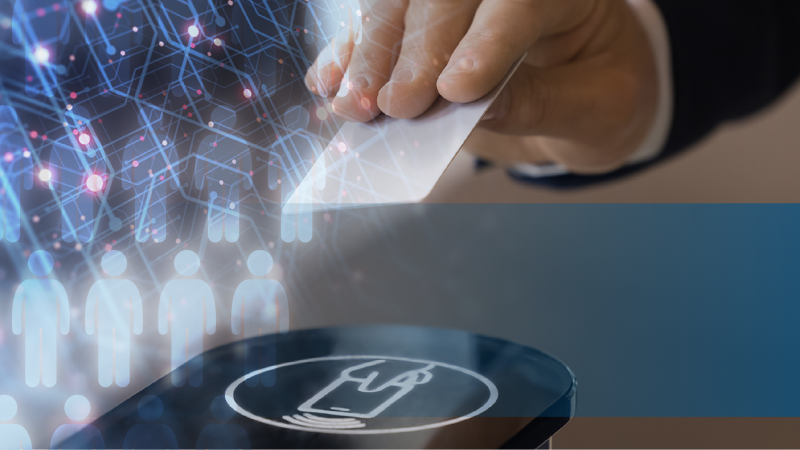 image of figures, and cyber node. Image of hand holding a keycard accessing a terminal.