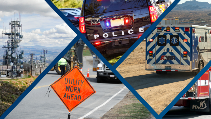 Collage of communications towers, police cruiser, ambulance, fire truck, and utility workers ahead sign.