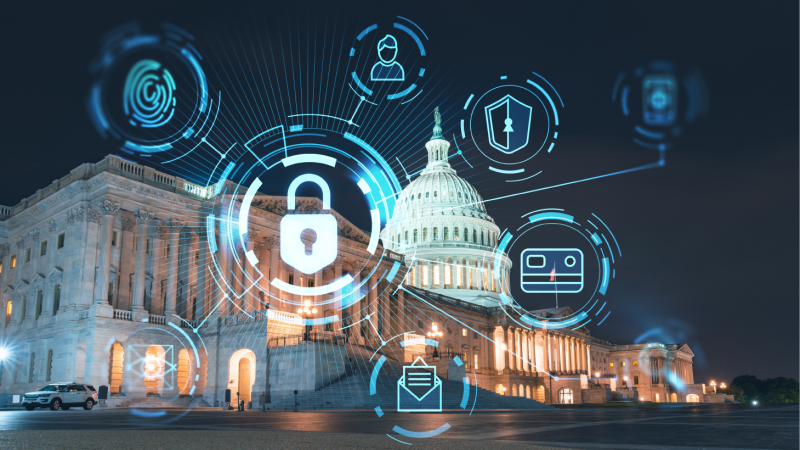Capitol building with governance icons.