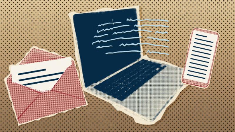 Halftone dot illustration of open mail, a laptop, and cellphone