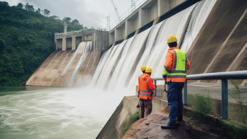 Three people inspecting dam
