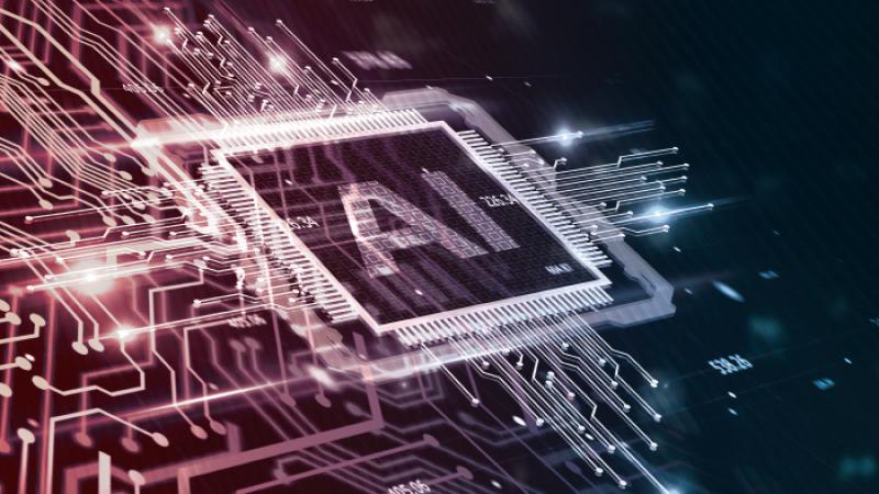 digital graphic of AI chip on an array of cyber lines 