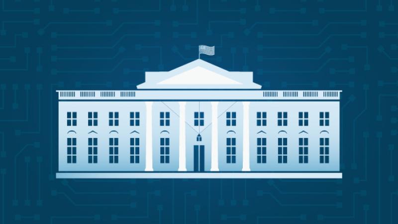 Graphic of White House building with pattern of cyber network lines on dark blue background