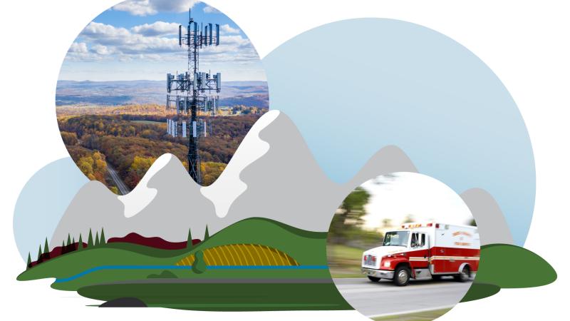 Mixed media graphic of an ambulance and communications tower images with a rural landscape illustration.
