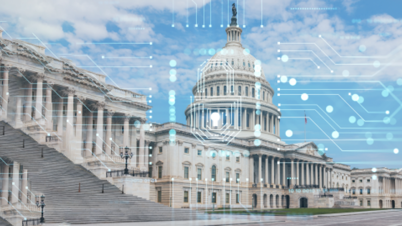 Photo collage of glowing cyber network lines over the Capitol building