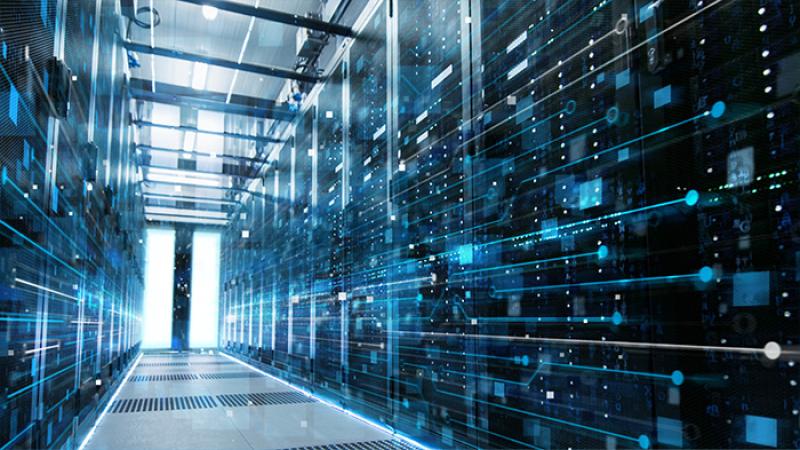 Data Center With Rows of Rack Servers Connected with LAN Connection Visualization Lines.