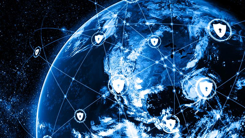 stylized graphic of the globe, featuring network visuals and data points