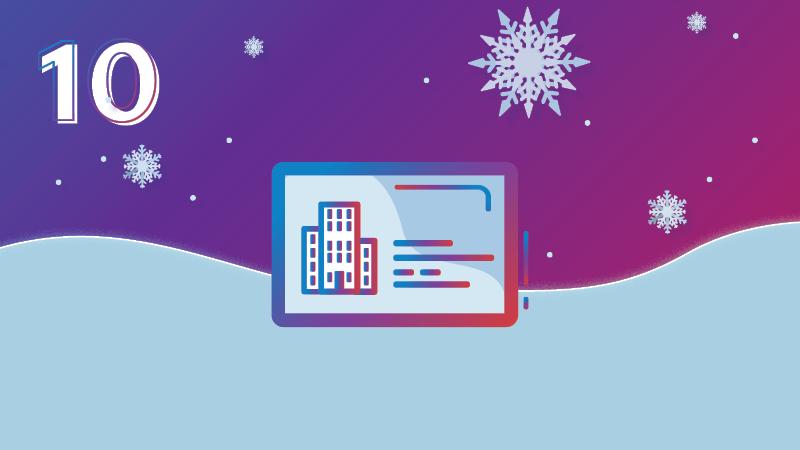 The number 10 appears in the top left corner. A business registration card is center with snowflakes around it.