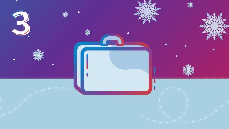The number 3 appears in the top left corner. A briefcase sits in the center of the photo with snowflakes around it.