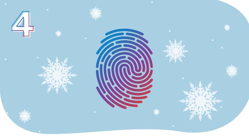 The number 4 appears in the top left corner. A fingerprint is in the center with snowflakes around it.