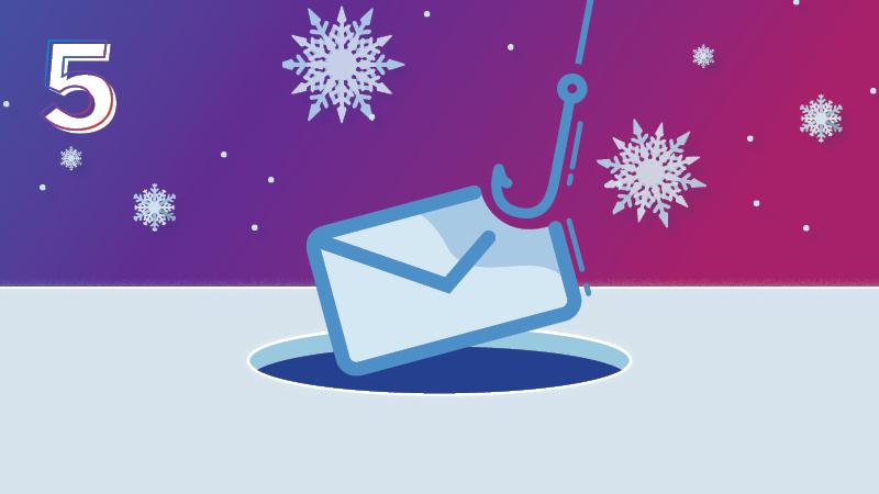 The number 5 appears in the left corner. An email with a hook is in the center with snowflakes around it.