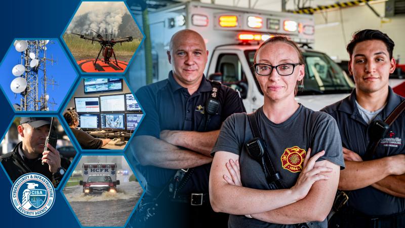 Three first responders standing in front of an ambulance with emergency comms related collage to the left.