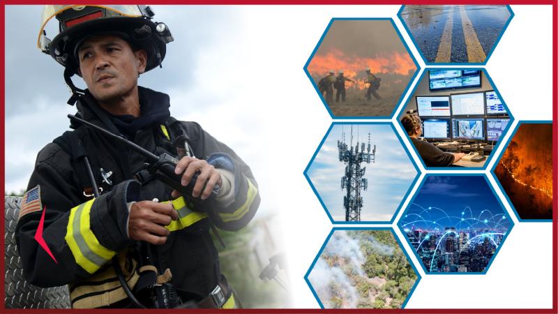 Fire fighter holding a land mobile radio, with emergency comms scenes collage on the right.