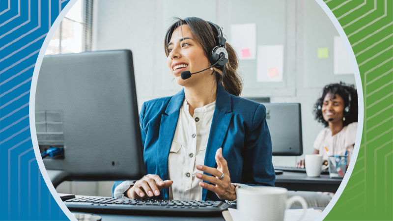 women working at desk on a headset