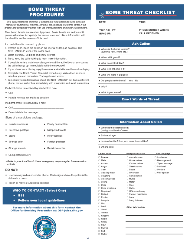 Picture of DHS Bomb Threat Checklist