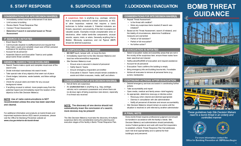 Picture of Back of DHS-DOJ Bomb Threat Guidance Quad-Fold