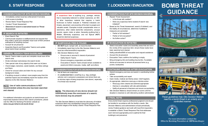 Picture of Back of DHS-DOJ Bomb Threat Guidance Quad-Fold 