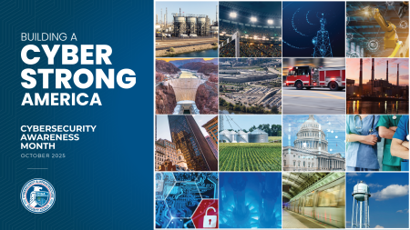 "Building a Cyber Strong America" branded background image with thumbnail photos of critical infrastructure systems in the US