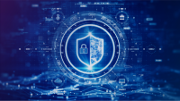 Technology icons with cybersecurity shield in the center.
