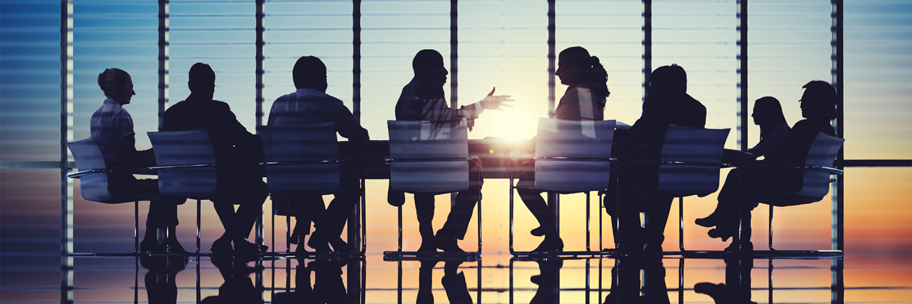 Silhouette of group of people around a table having a business meeting